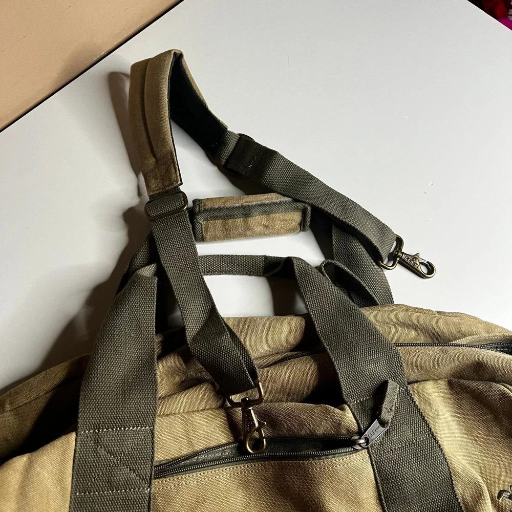 LL Bean Canvas Duffle Bag Khaki Olive Green World Hunger Relief Travel Gym Bag